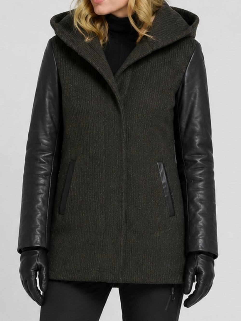 Soia & Kyo Wool and Leather Coat Hooded Chunky Knit Black Green Jacket